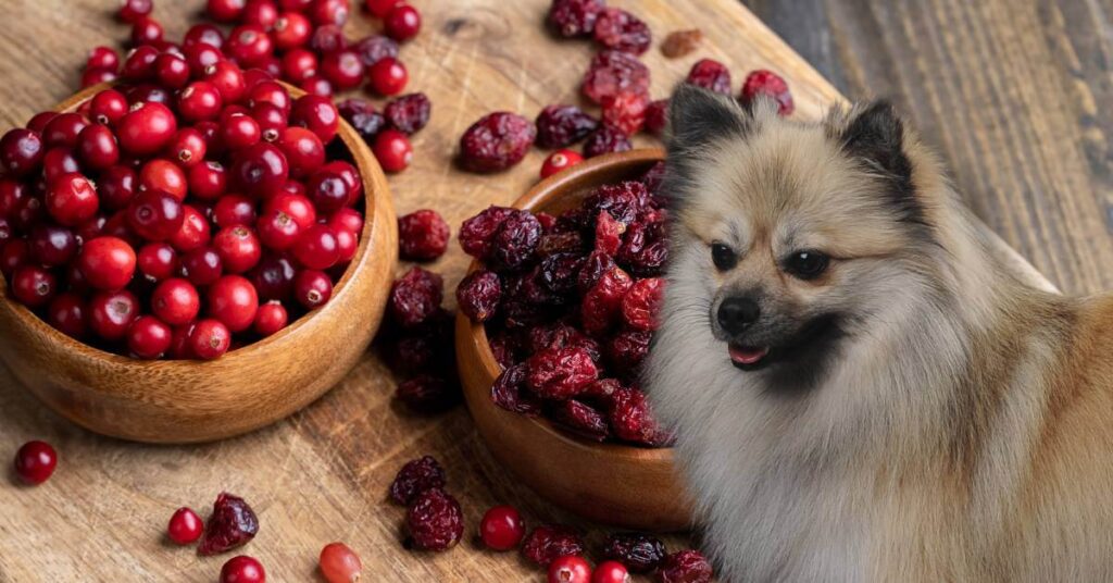 dog looking at fresh and dry cranberries in wooden bowls