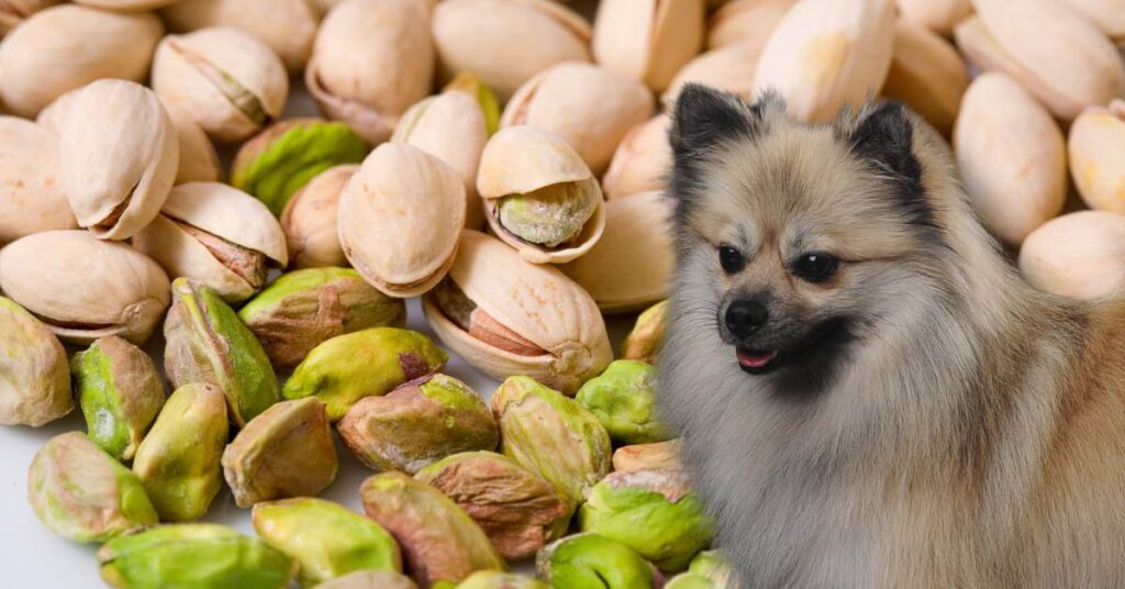 shelled and whole pistachios and a dog