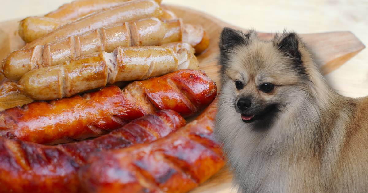 a variety of grilled sausages and a dog