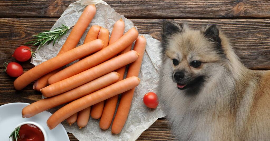 dog looking to eat vienna sausages on a plate