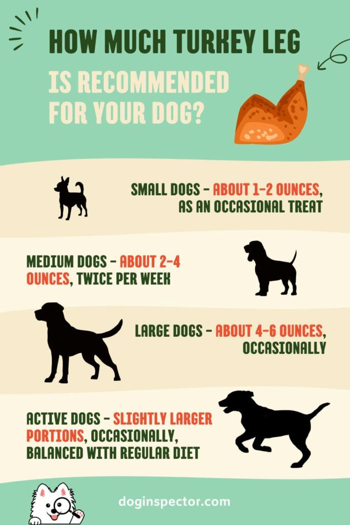 infographic showing how much turkey leg can dogs eat including information about small, medium, large and active dogs